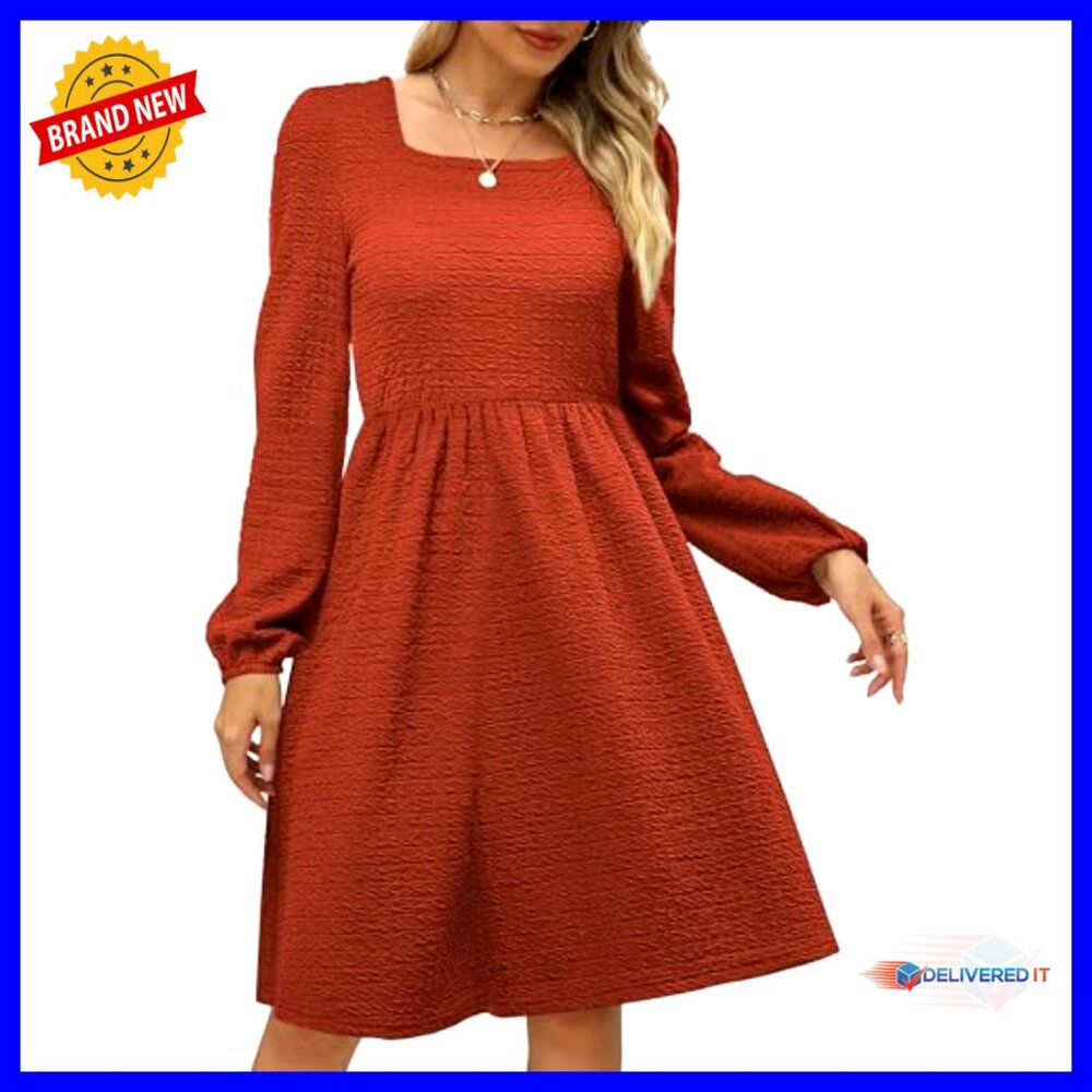 Long Sleeve Babydoll Dress Square Neck Knee Length Flowy Swing Maternity - Picture 2 of 7